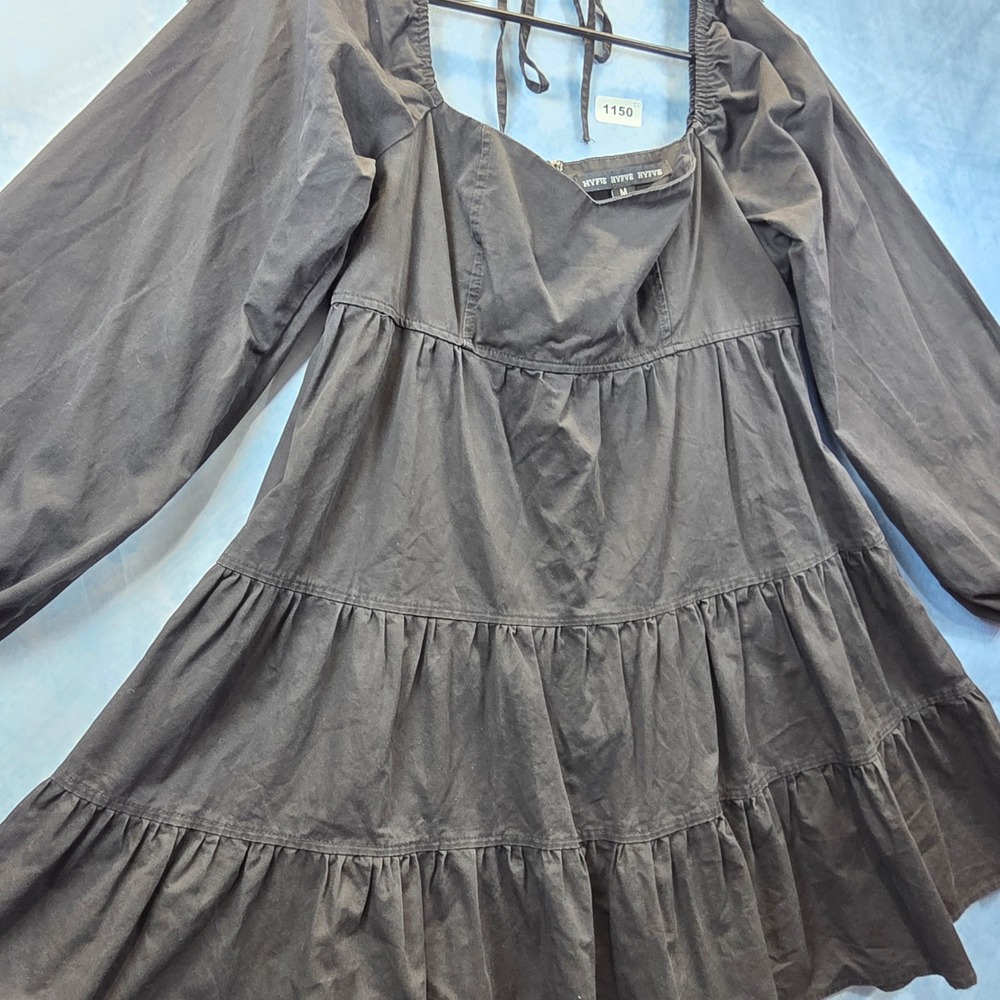 Hyfve Womens‎ Black Tiered Mini Dress Long Balloon Sleeve Square Neck Babydoll M - Picture 4 of 6